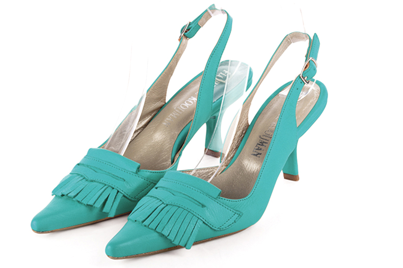 Aquamarine blue women's slingback shoes. Pointed toe. High spool heels - Florence KOOIJMAN